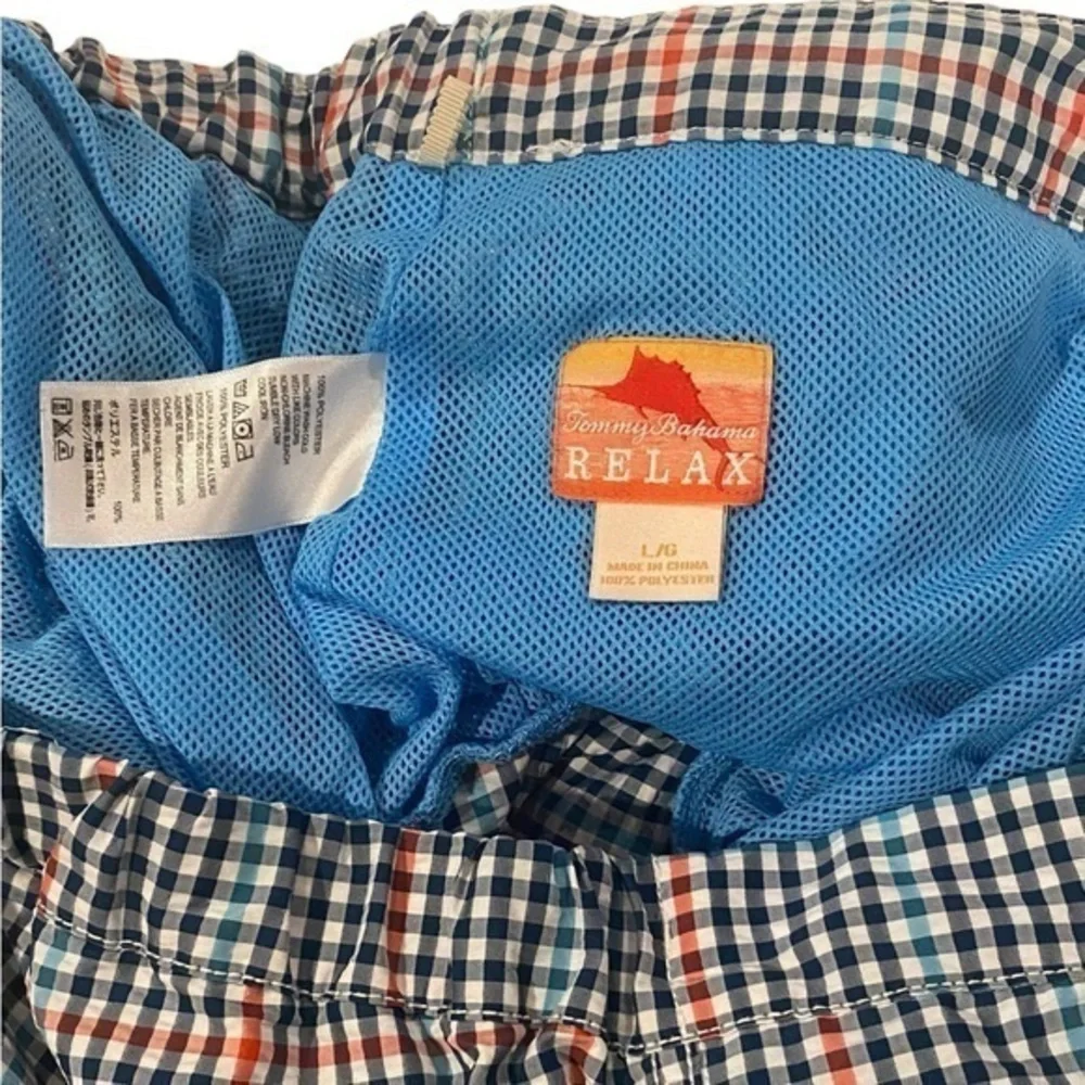 Mens Large Tommy Bahama Swim Trunks Mesh Lined Checked Board Shorts Blue